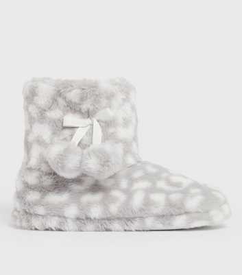 Grey Spot Faux Fur Pom Pom Slipper Boots
