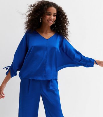 Bright Blue Satin V Neck Ruched Tie Sleeve Top