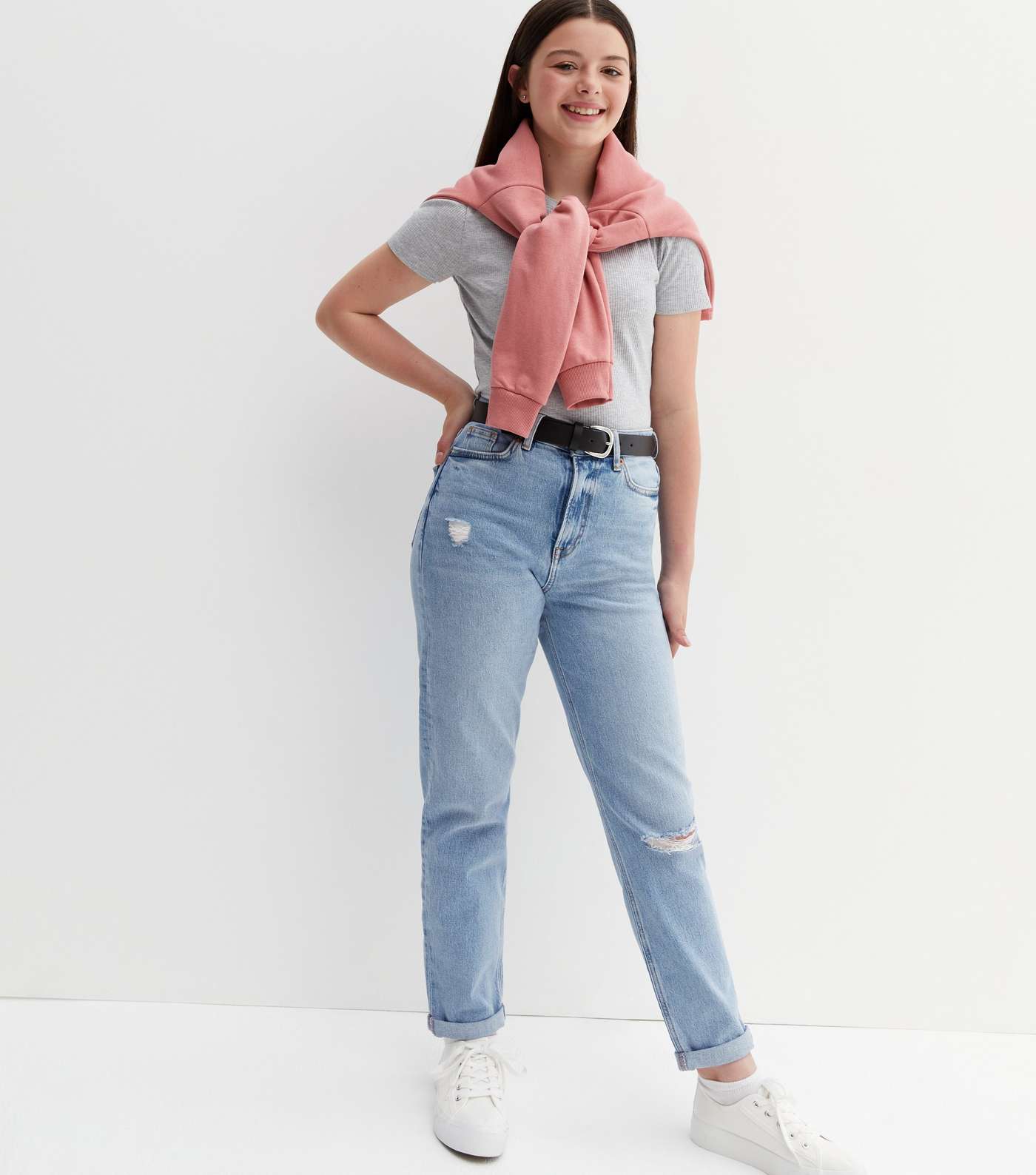 Girls Blue Ripped Knee Slim Fit Belted Tori Mom Jeans