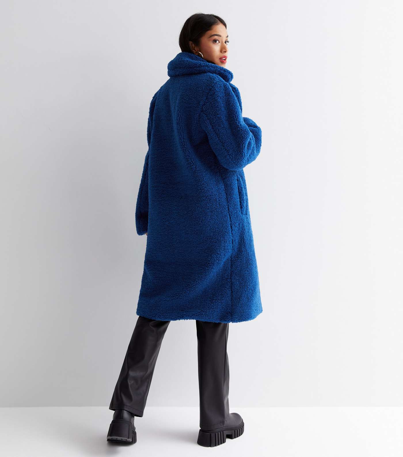 Petite Bright Blue Teddy Double Breasted Coat Image 4