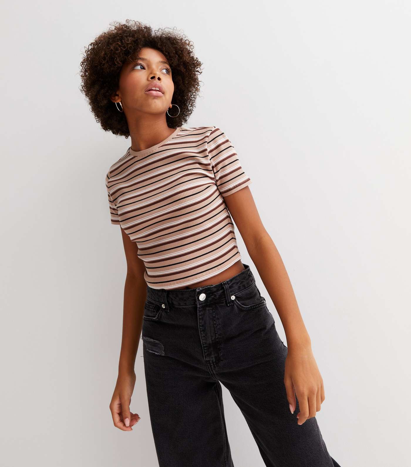 Girls Brown Stripe Ribbed T-Shirt Image 2