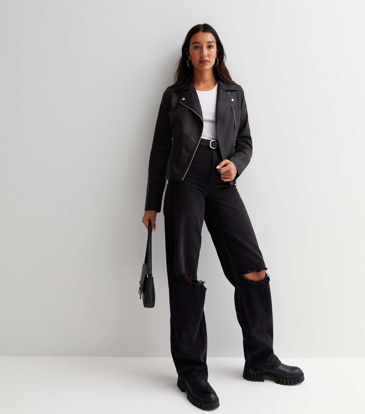 Tall Black Quilted Leather-Look Biker Jacket Image 3