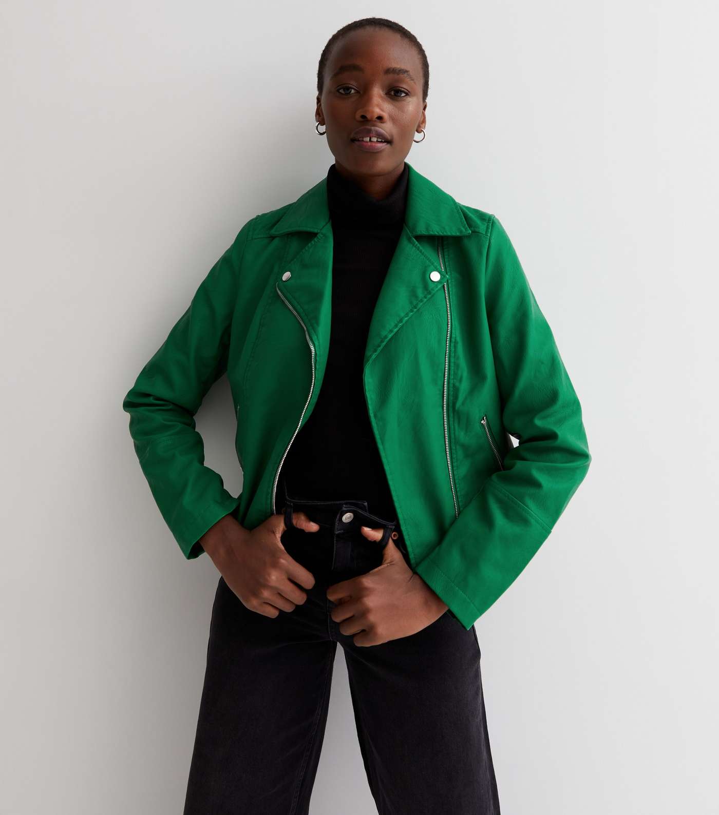 Tall Green Quilted Leather-Look Biker Jacket Image 2