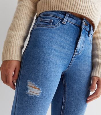 Girls Bright Blue Ripped High Waist Hallie Super Skinny Jeans New Look