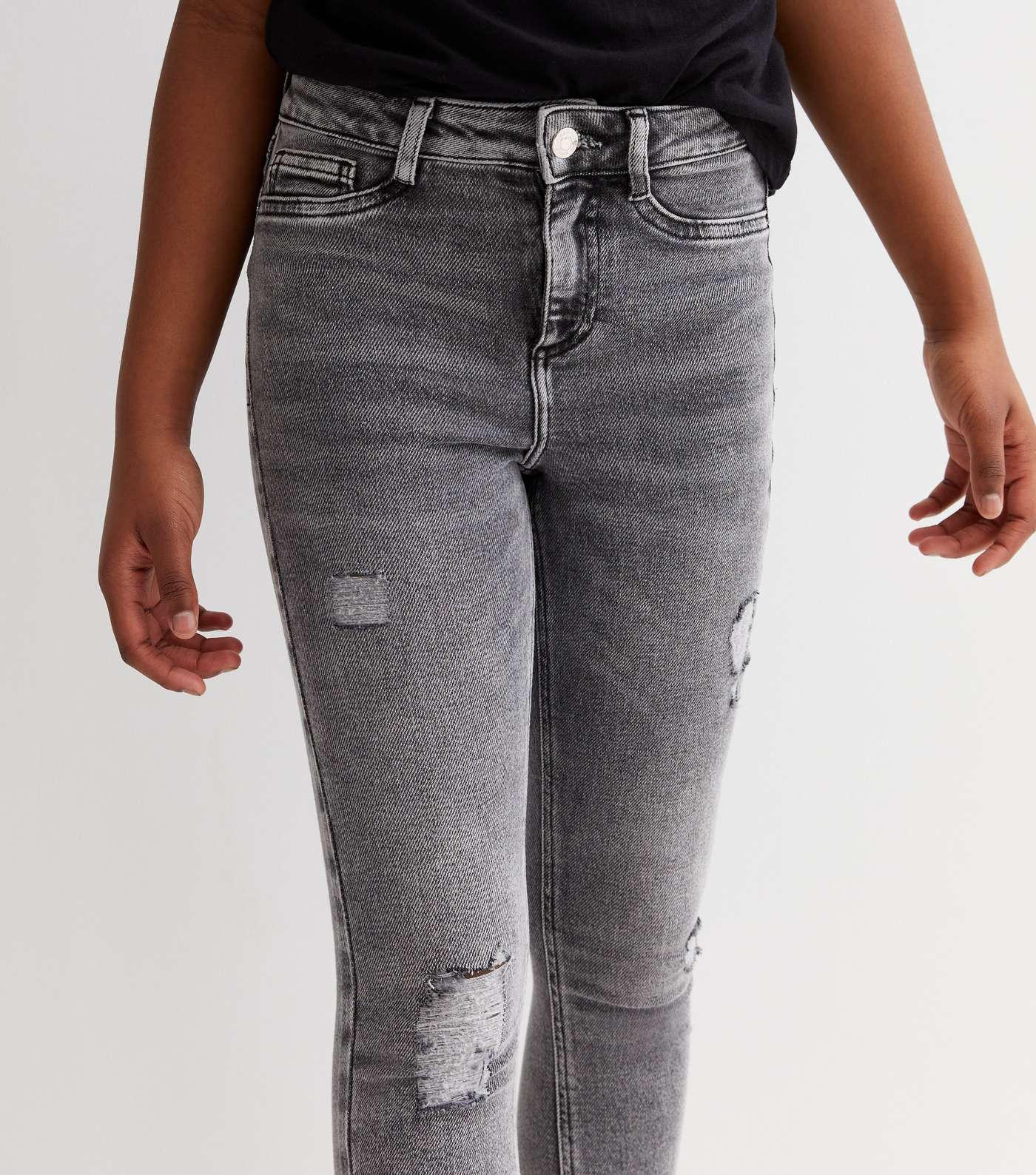 Girls Dark Grey Ripped High Waist Hallie Super Skinny Jeans Image 3