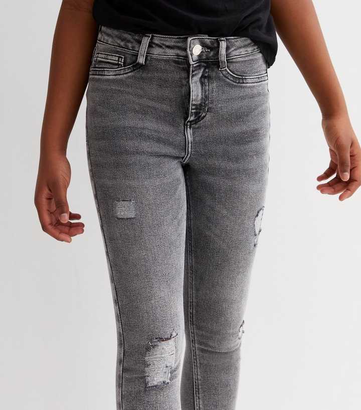 Klik Worden Waterig Girls Dark Grey Ripped High Waist Hallie Super Skinny Jeans | New Look