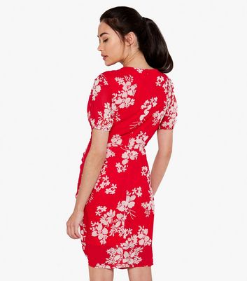 Apricot Red Floral Ruched Mini Wrap Dress New Look