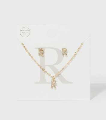 Gold R Initial Earrings and Necklace Gift Set