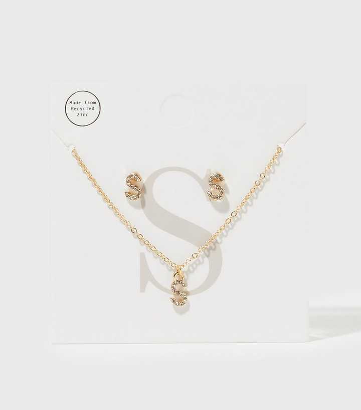 Gold S Initial Earrings and Necklace Gift Set