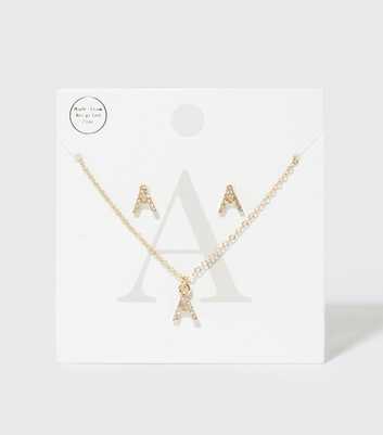 Gold A Initial Earrings and Necklace Gift Set