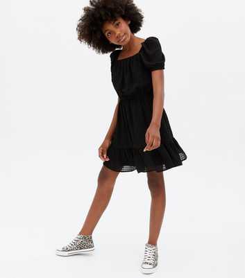 Girls Black Textured Chiffon Square Neck Dress