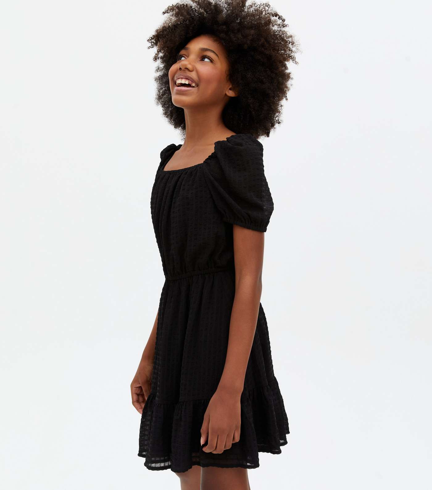 Girls Black Textured Chiffon Square Neck Dress Image 2