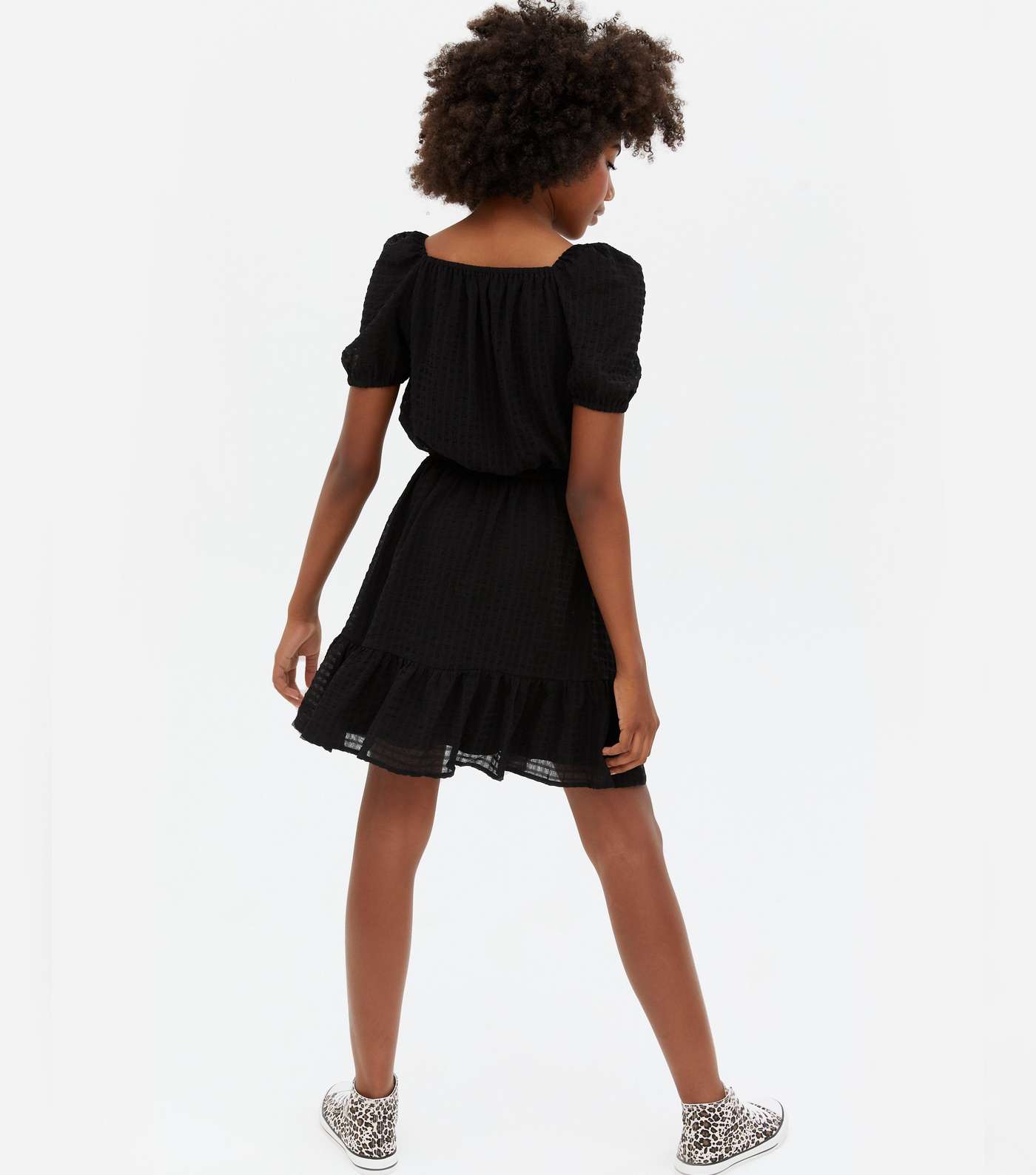 Girls Black Textured Chiffon Square Neck Dress Image 4