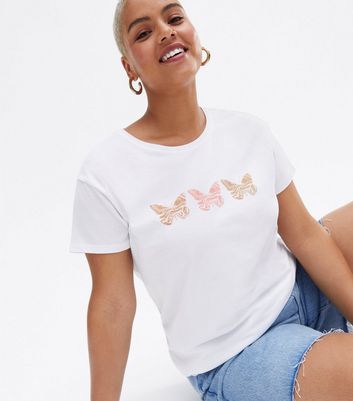 Curves White Marble Butterfly T Shirt New Look