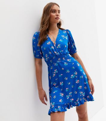 Blue Floral Short Sleeve Mini Wrap Dress