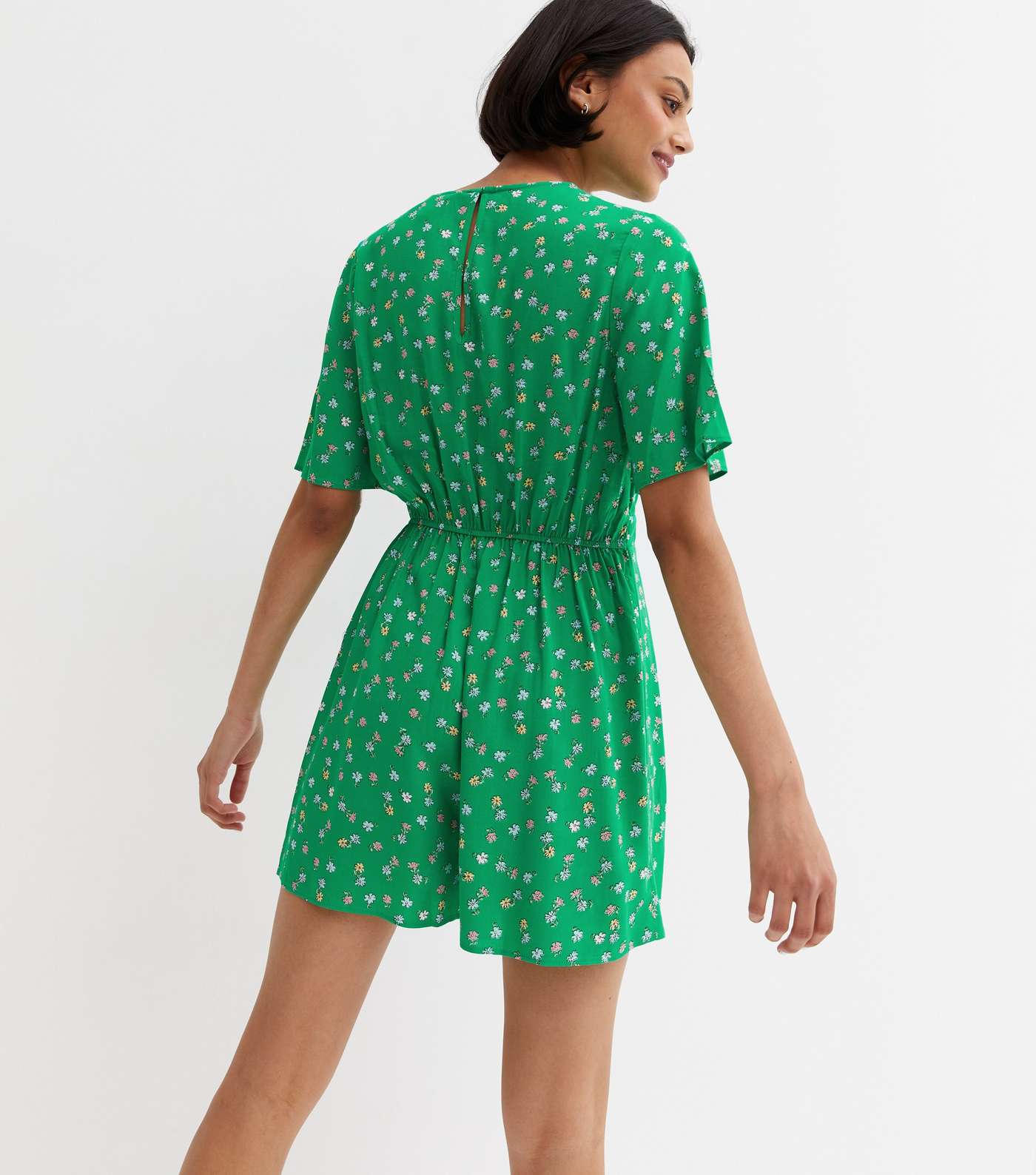 Green Ditsy Floral Flutter Sleeve Mini Wrap Playsuit Image 4