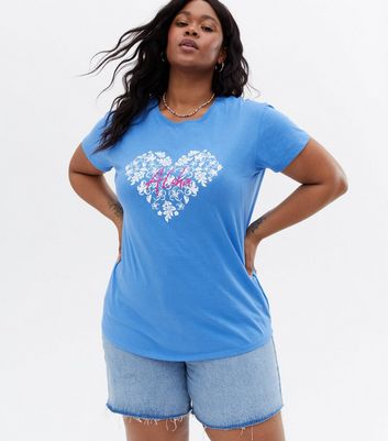 Curves Bright Blue Floral Heart Logo T 