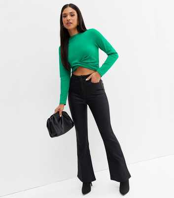 Petite Black Coated Leather-Look Waist Enhance Quinn Bootcut Jeans
