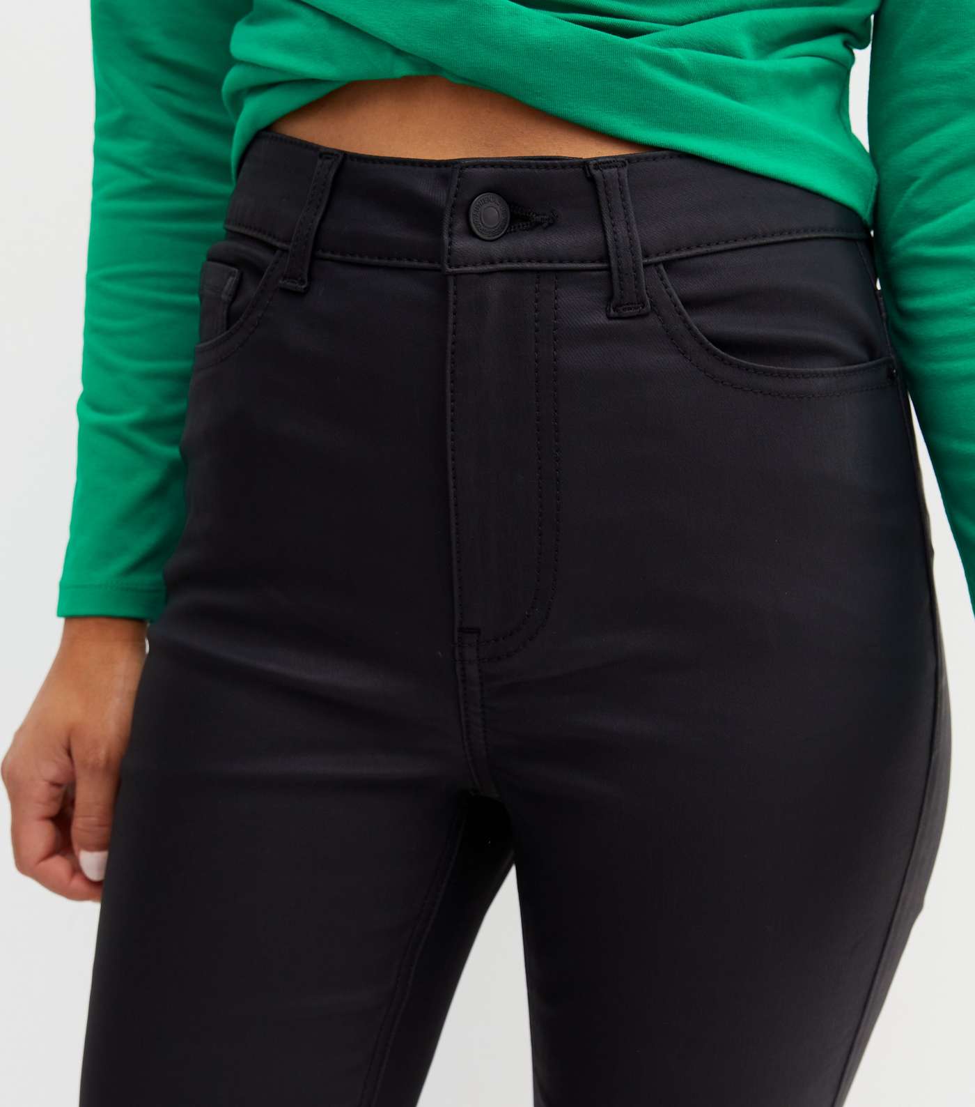 Petite Black Coated Leather-Look Waist Enhance Quinn Bootcut Jeans Image 3