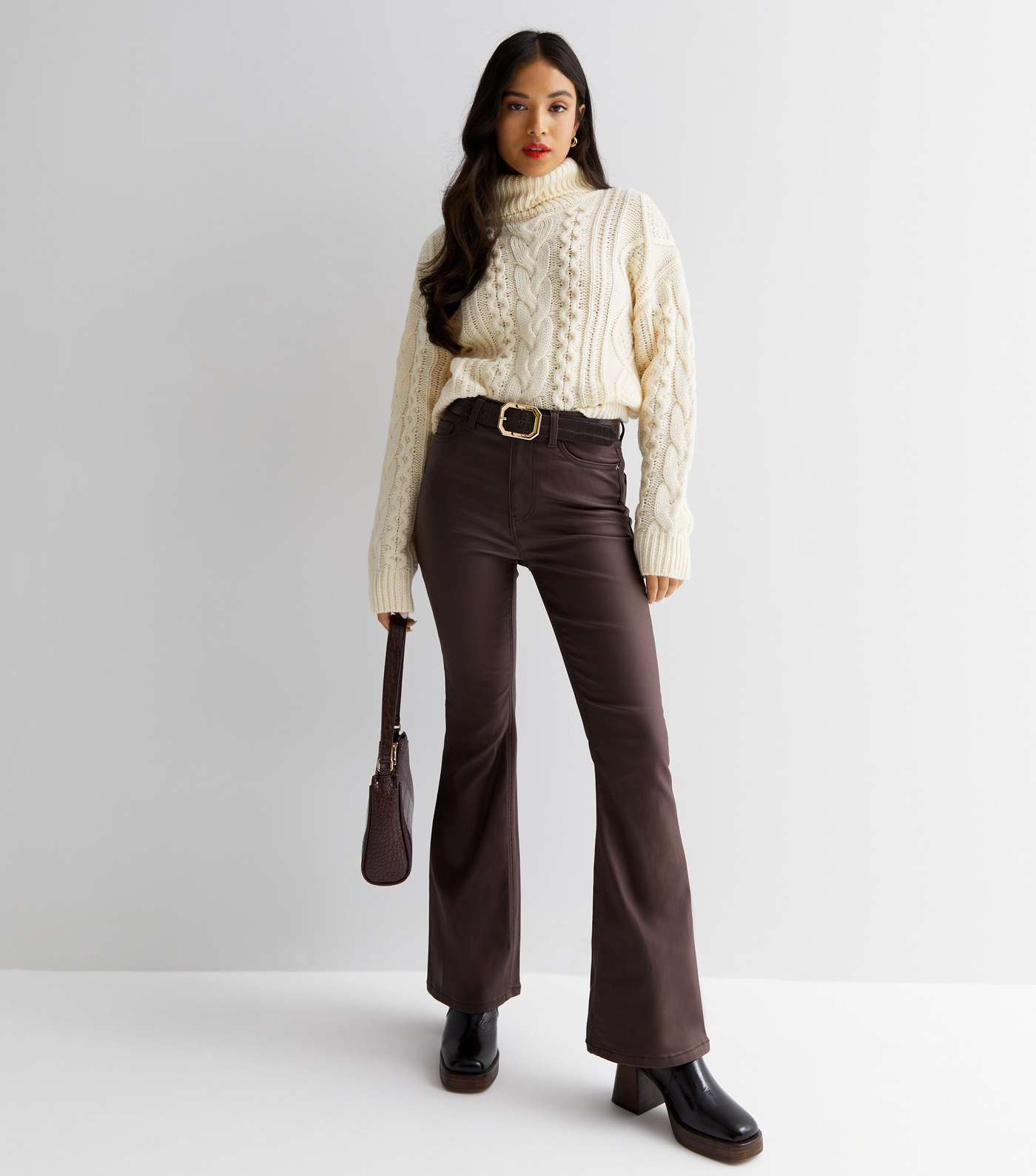 Petite Dark Brown Coated Leather-Look Waist Enhance Quinn Bootcut Jeans