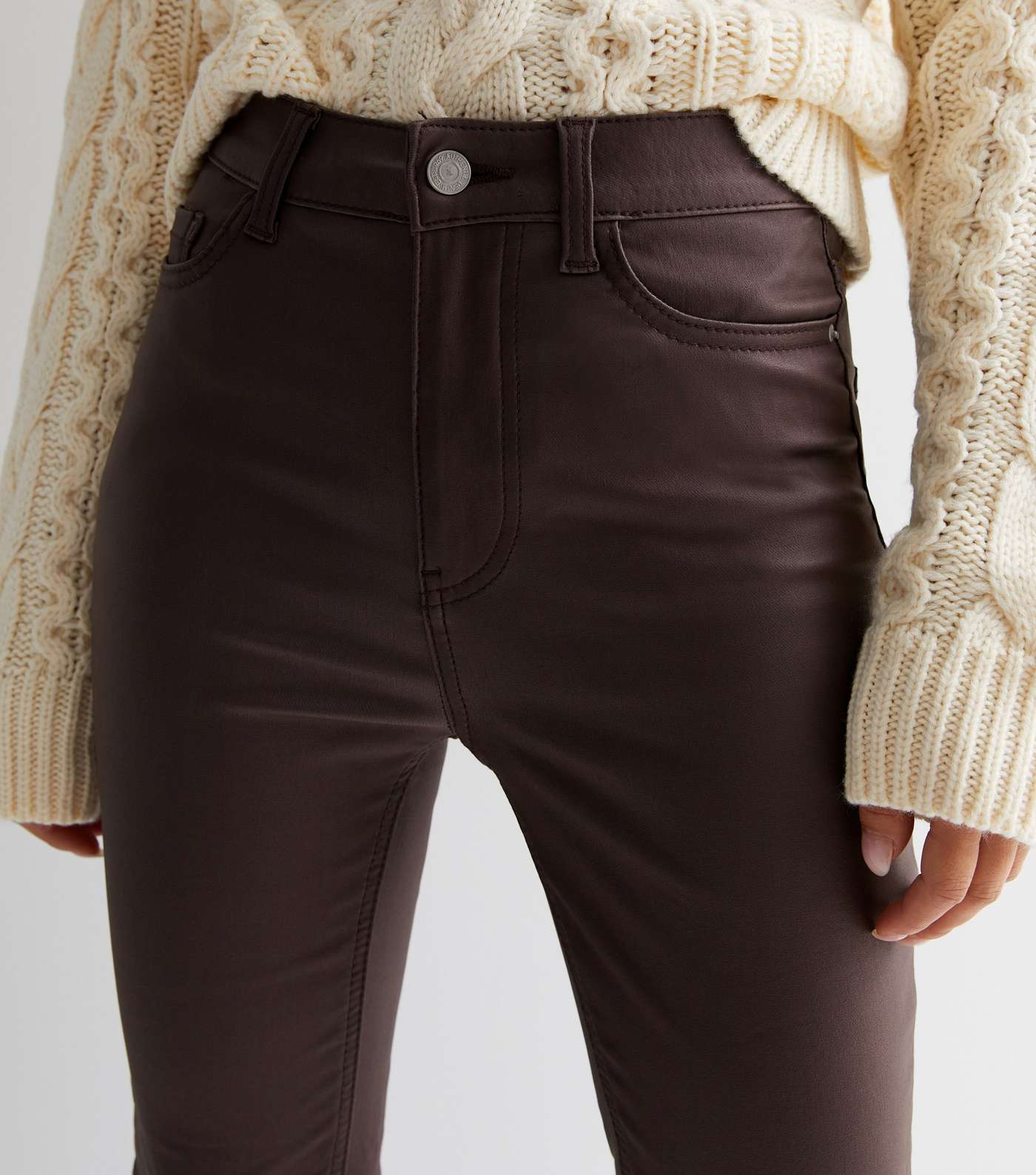 Petite Dark Brown Coated Leather-Look Waist Enhance Quinn Bootcut Jeans Image 3