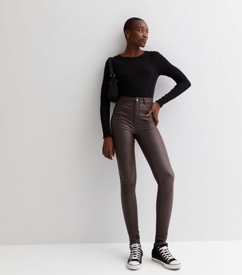 New Look Lift and Shape High Waisted Super Skinny Coated Jeans in Dark Brown