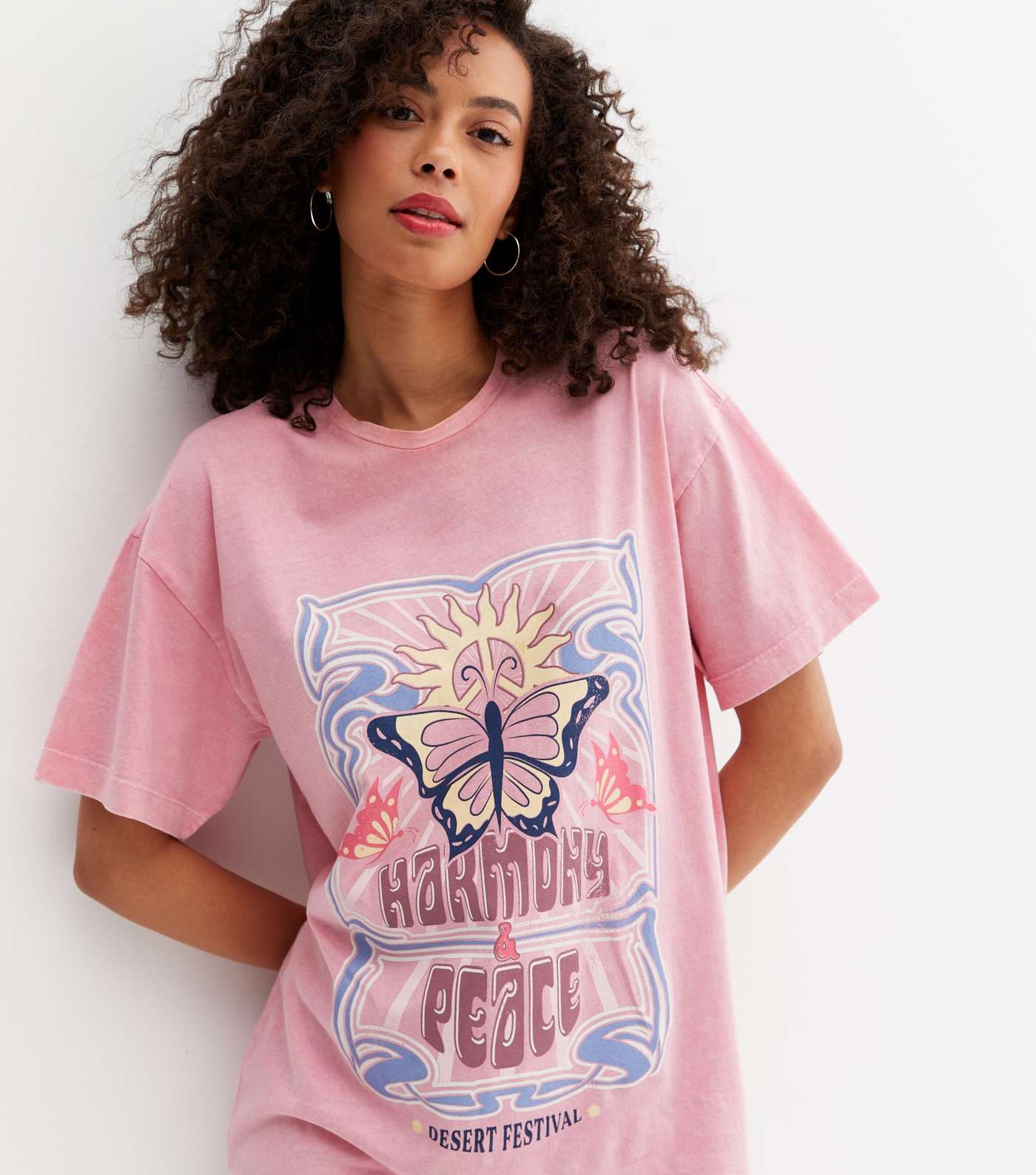 Tall Pink Harmony and Peace Butterfly Logo Oversized T-Shirt Image 3