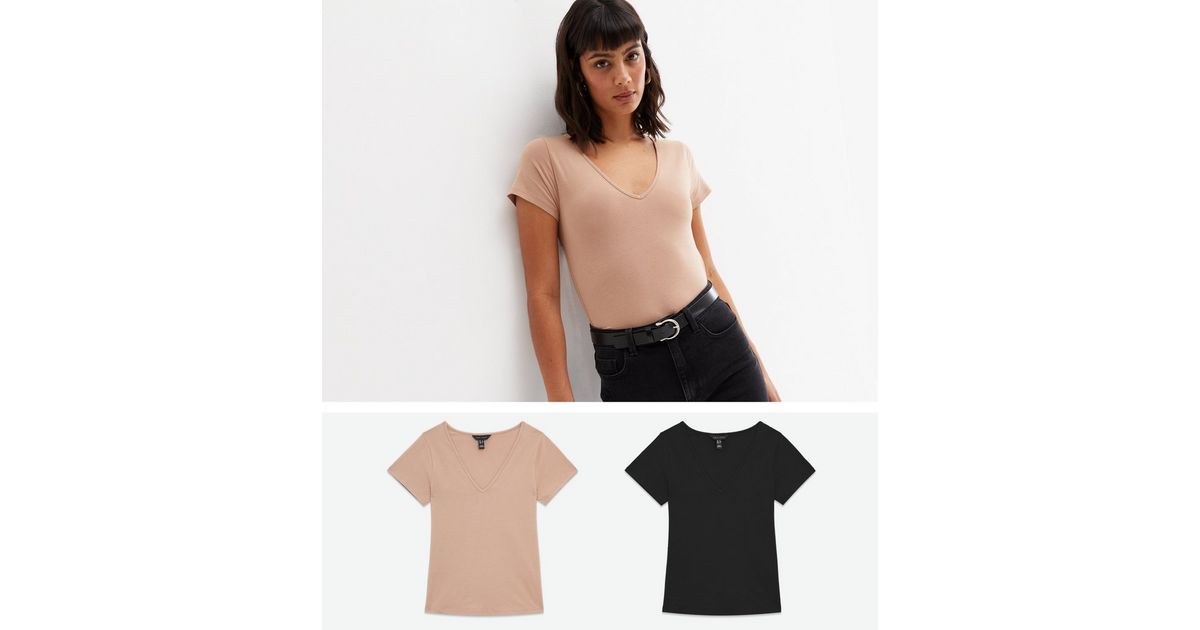 2 Pack Light Brown and Black V Neck TShirts New Look