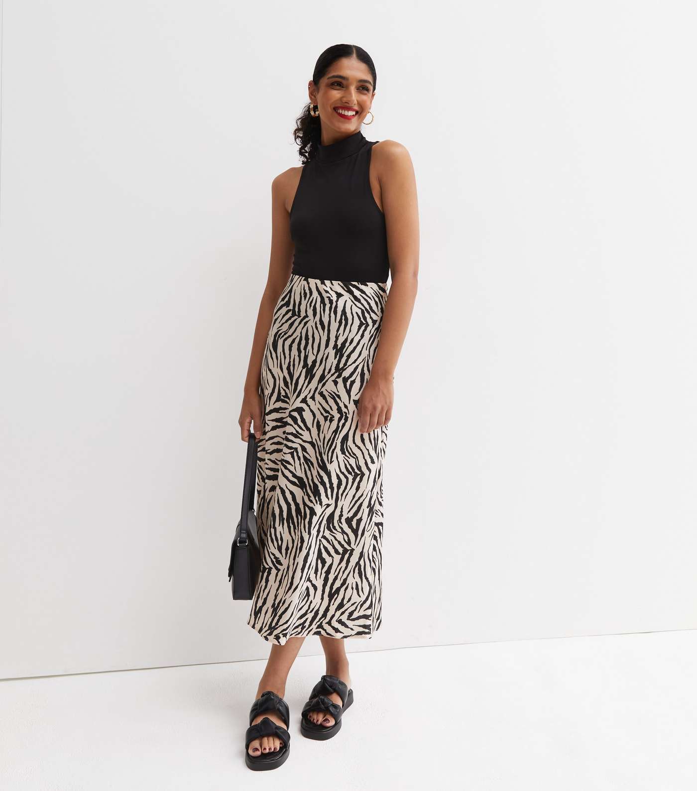 Stone Zebra Print Satin Bias Cut Midi Skirt