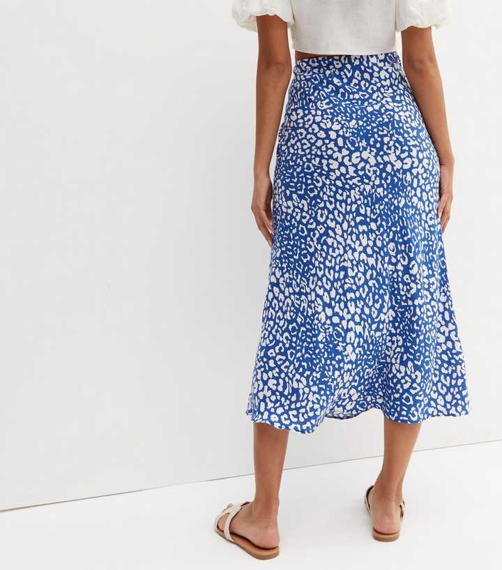 Blue Leopard Print Bias Cut Midi Skirt | New Look