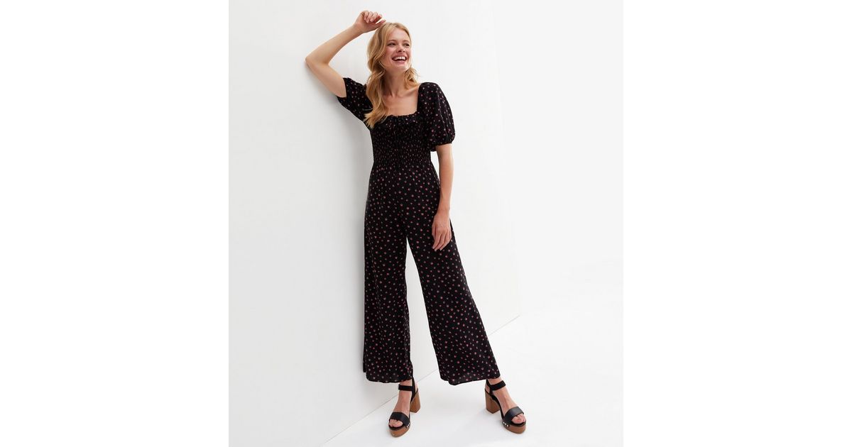 Black Ditsy Floral Shirred Square Neck Jumpsuit | New Look