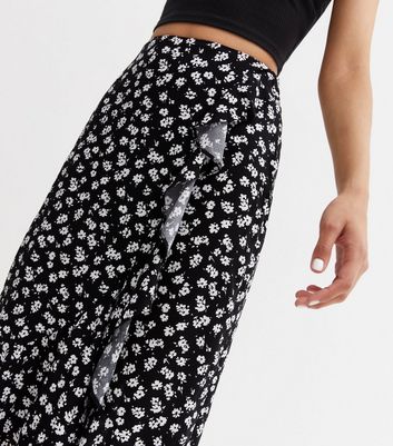 Black Ditsy Floral Ruffle Midi Wrap Skirt