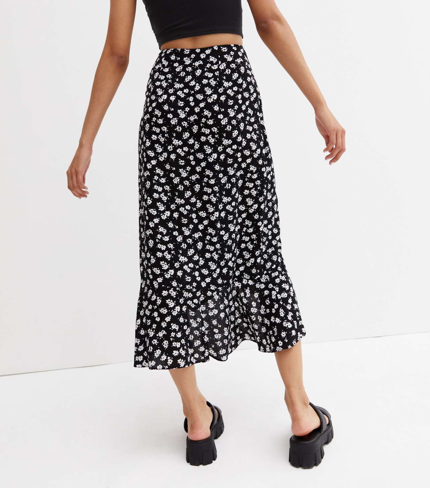 Black Ditsy Floral Ruffle Midi Wrap Skirt Image 4