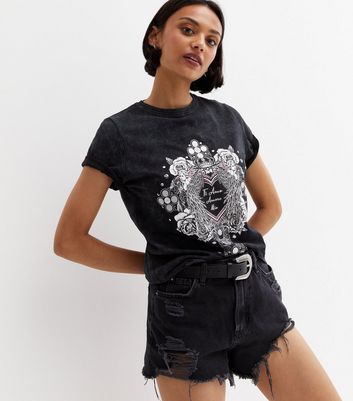 Damen Bekleidung Dark Grey Acid Wash Te Amo Floral Cross Logo T-Shirt