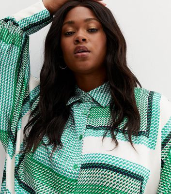 Curves Green Geometric Satin Shirt | New Look