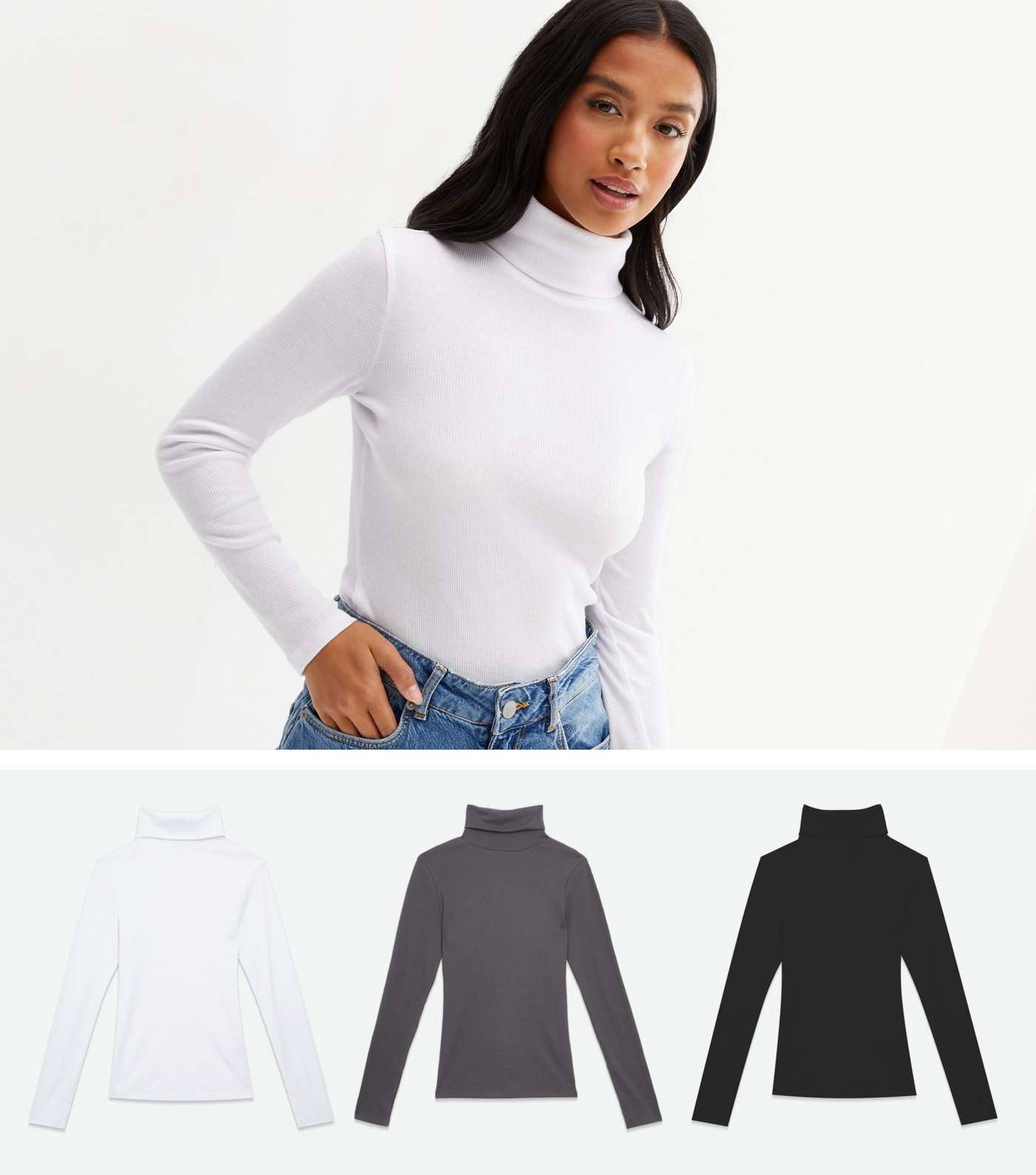Petite 3 Pack Grey Black and White Roll Neck Tops