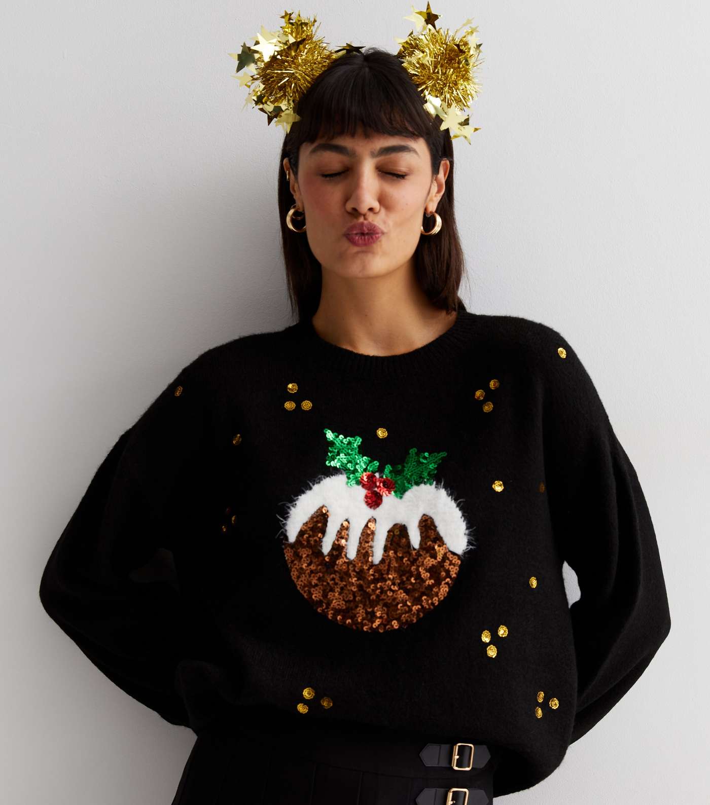 Black Knit Sequin Embellished Christmas Pudding Jumper