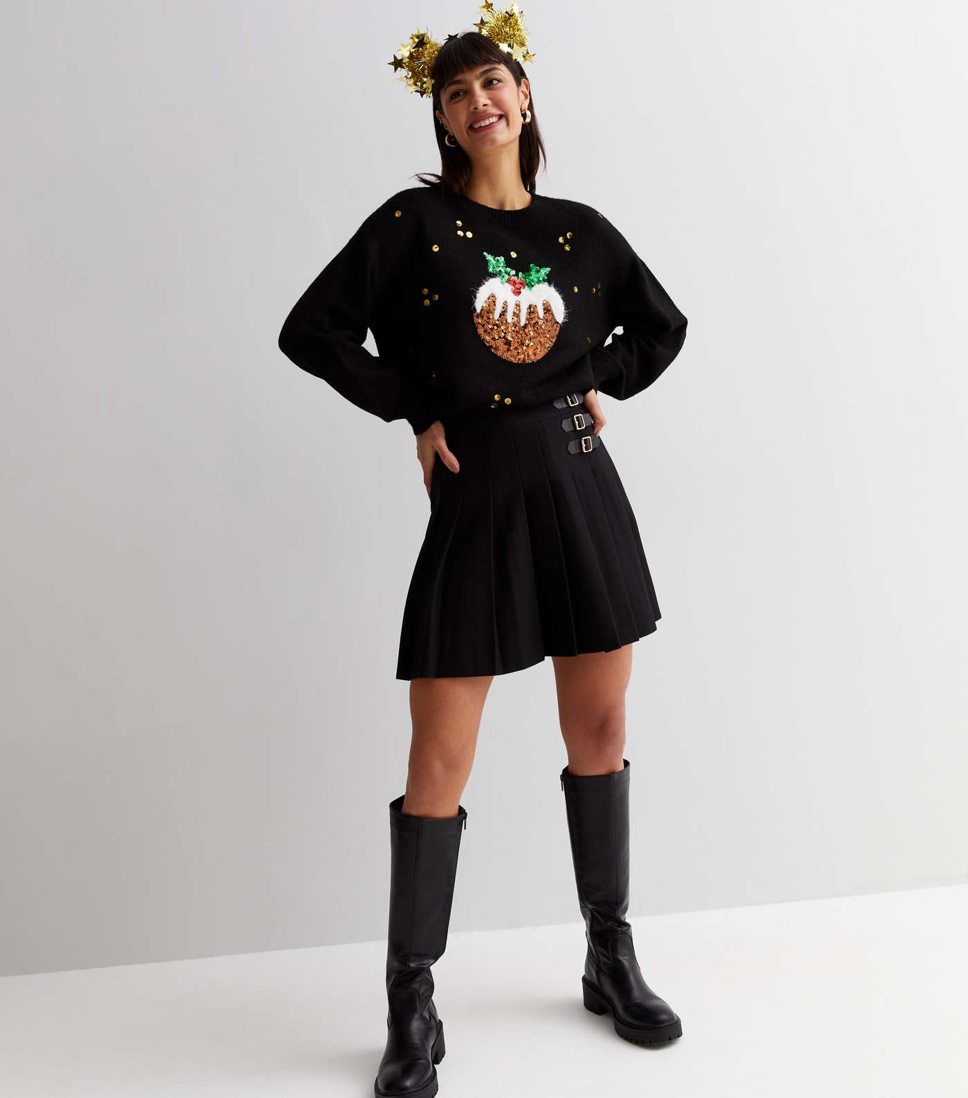 Black Knit Sequin Embellished Christmas Pudding Jumper Image 3