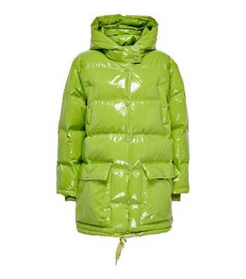 NEON & NYLON Green Patent Hooded Long Puffer Jacket