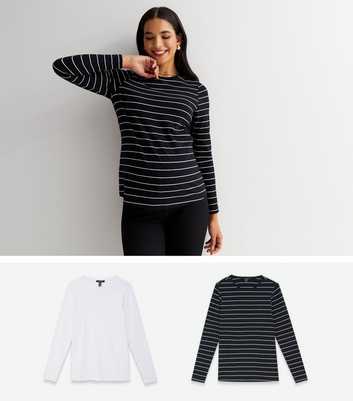 Maternity 2 Pack Black Stripe and White Crew Tops