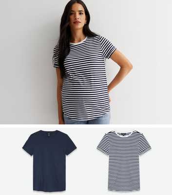 Maternity 2 Pack Navy and White Stripe Crew Neck T-Shirts