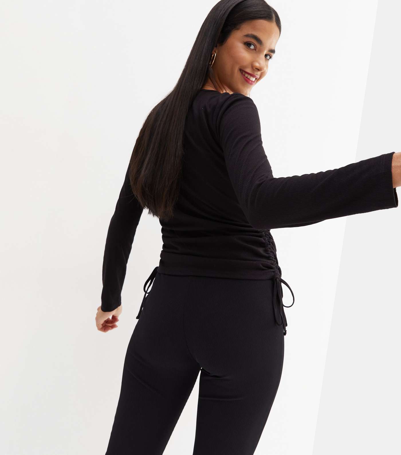 Maternity Black Ribbed Ruched Side Long Sleeve Top Image 4