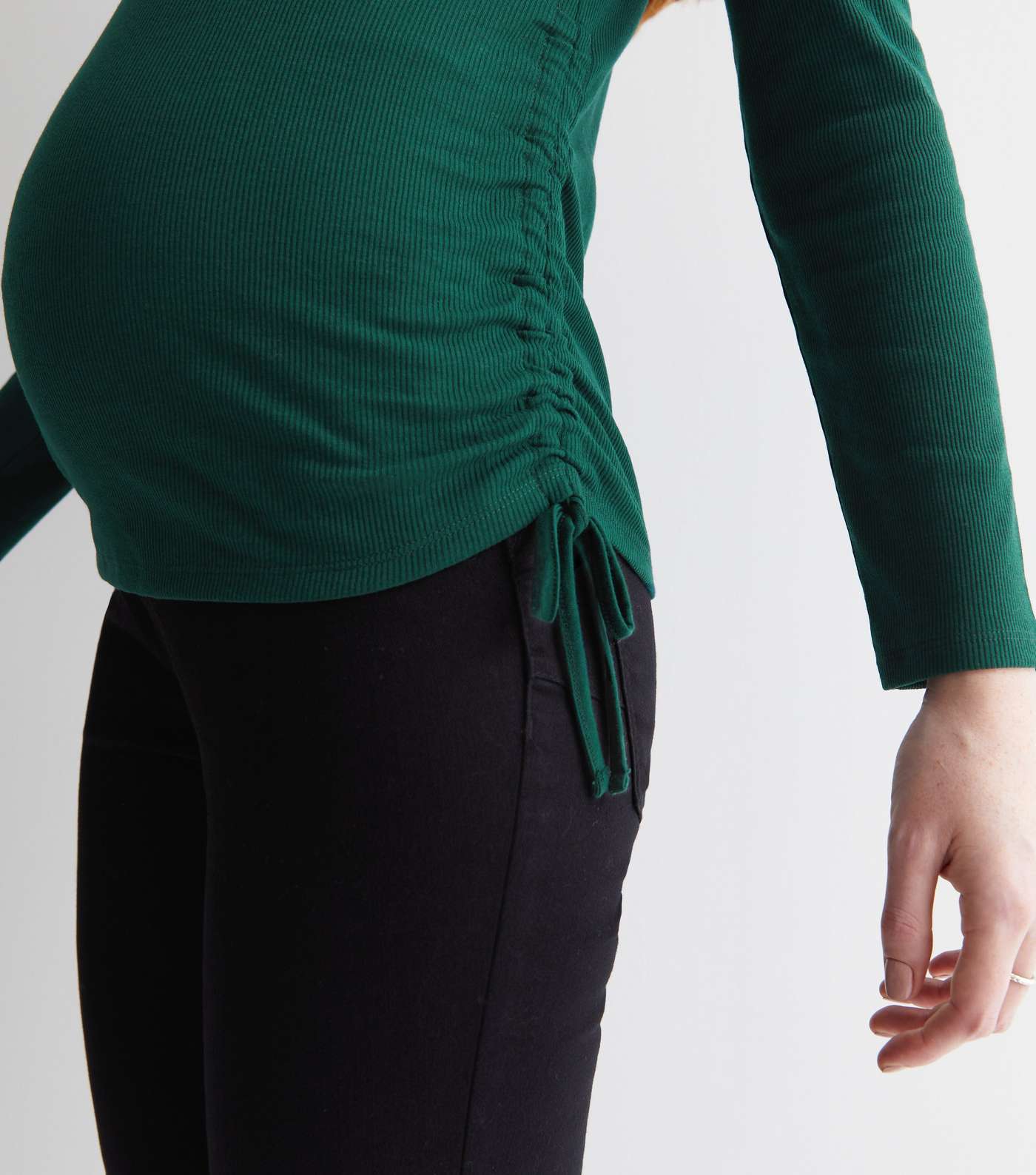 Maternity Dark Green Ribbed Ruched Side Long Sleeve Top Image 2