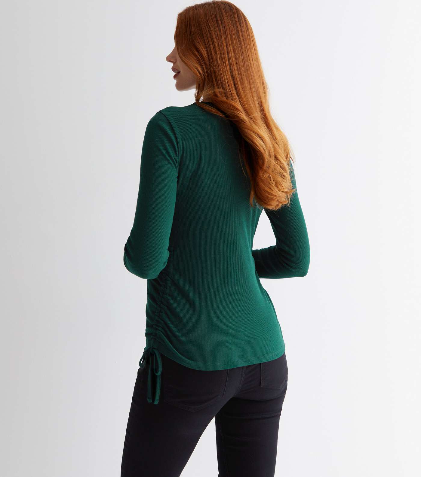 Maternity Dark Green Ribbed Ruched Side Long Sleeve Top Image 4