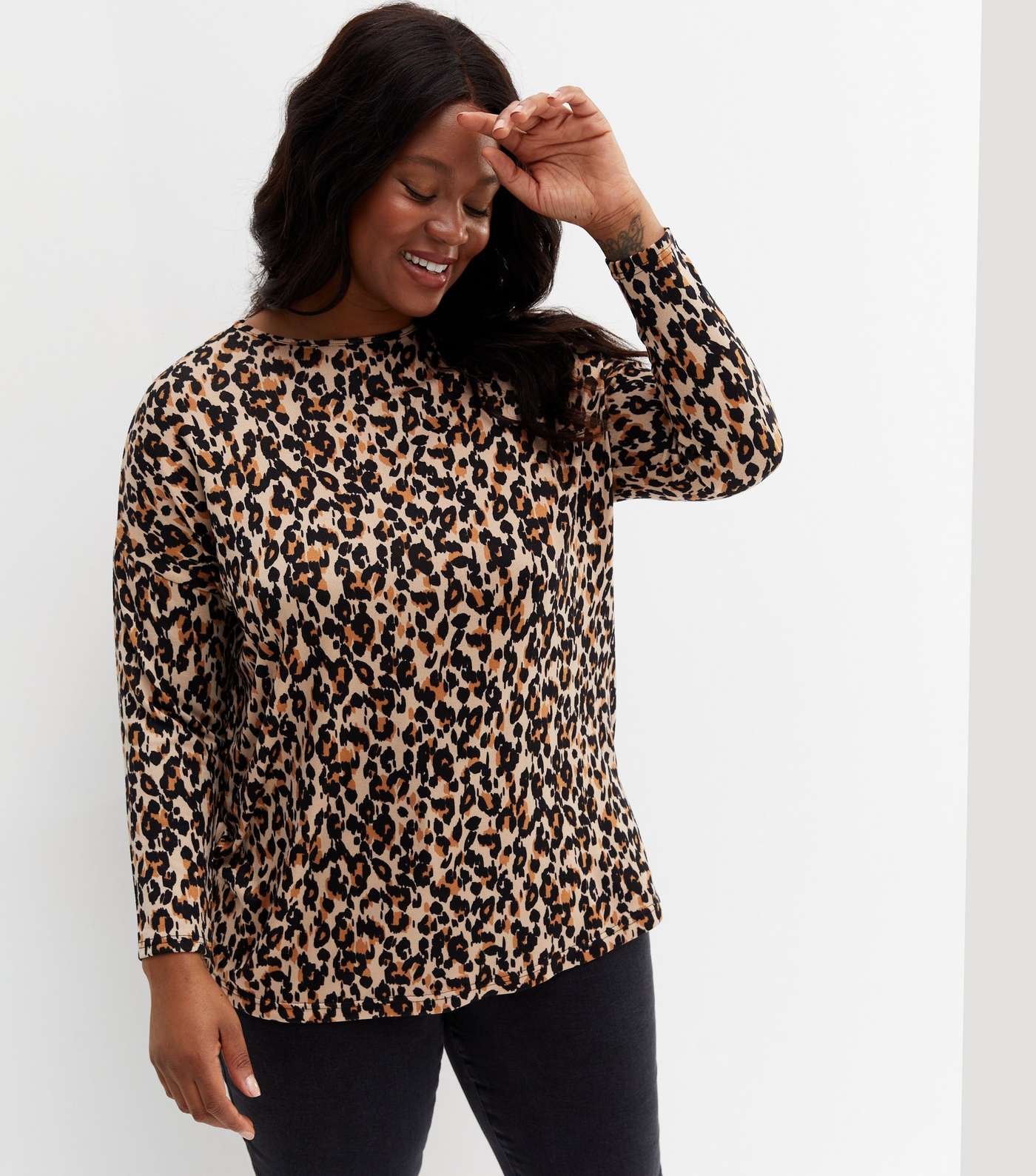 Curves Brown Leopard Print Fine Knit Long Sleeve Top Image 3