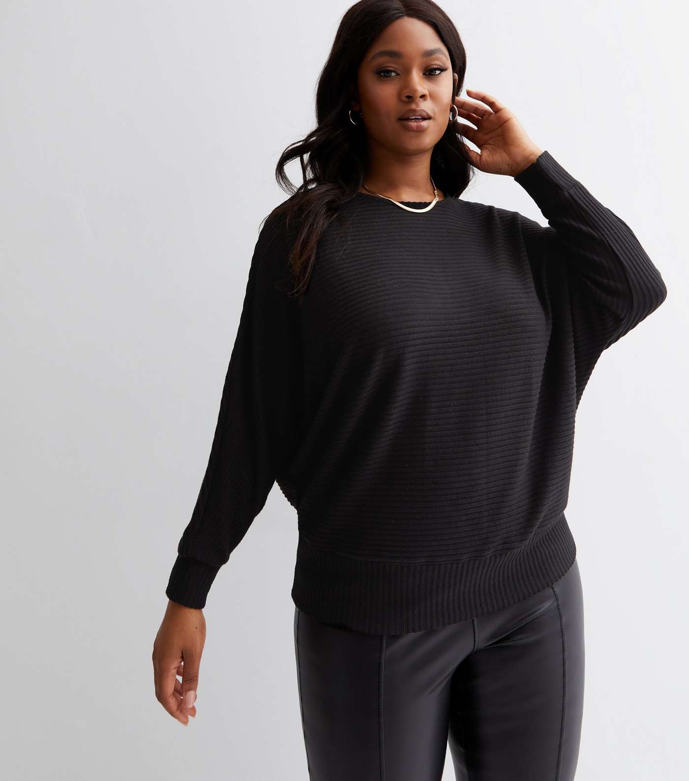 Curves Black Ribbed Fine Knit Batwing Top Image 3