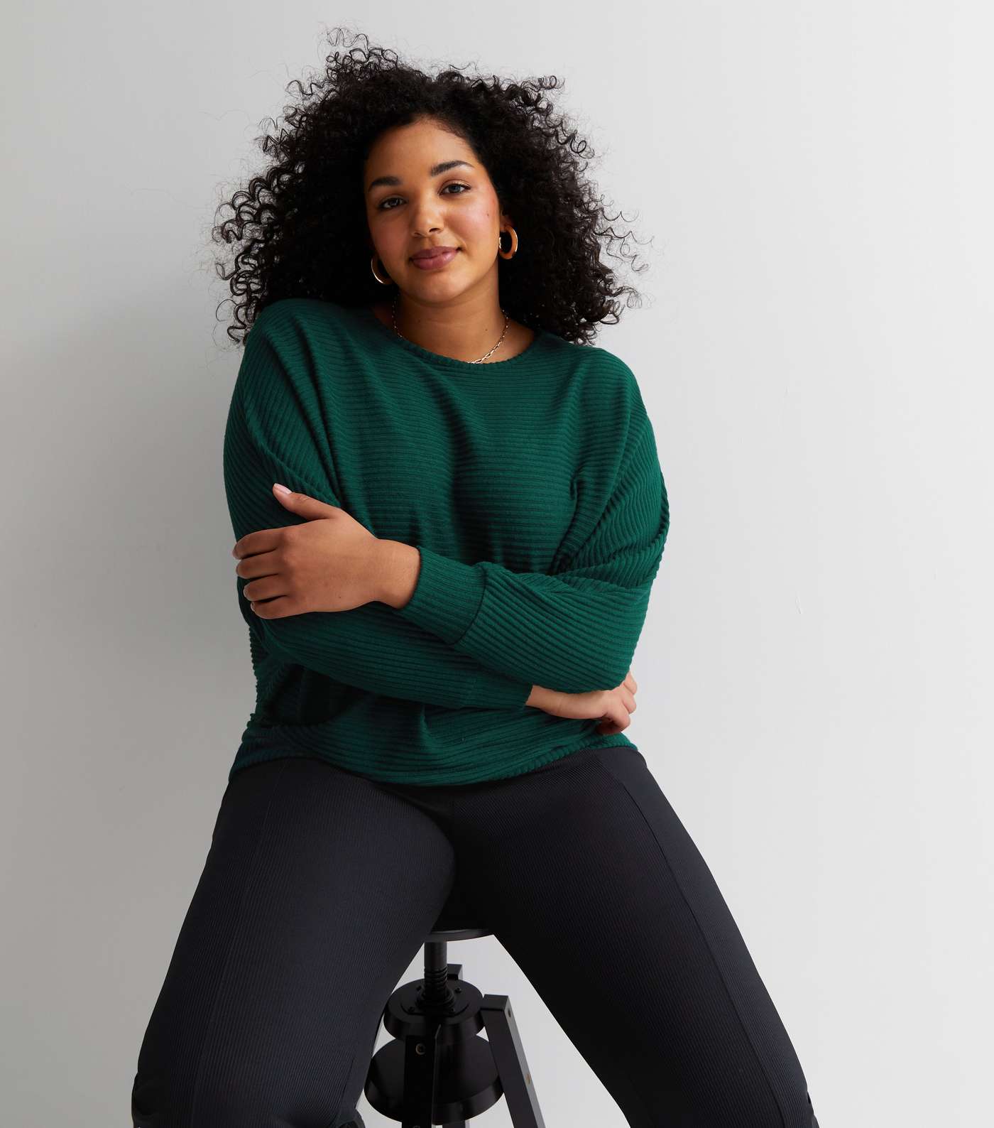 Curves Dark Green Ribbed Fine Knit Batwing Top