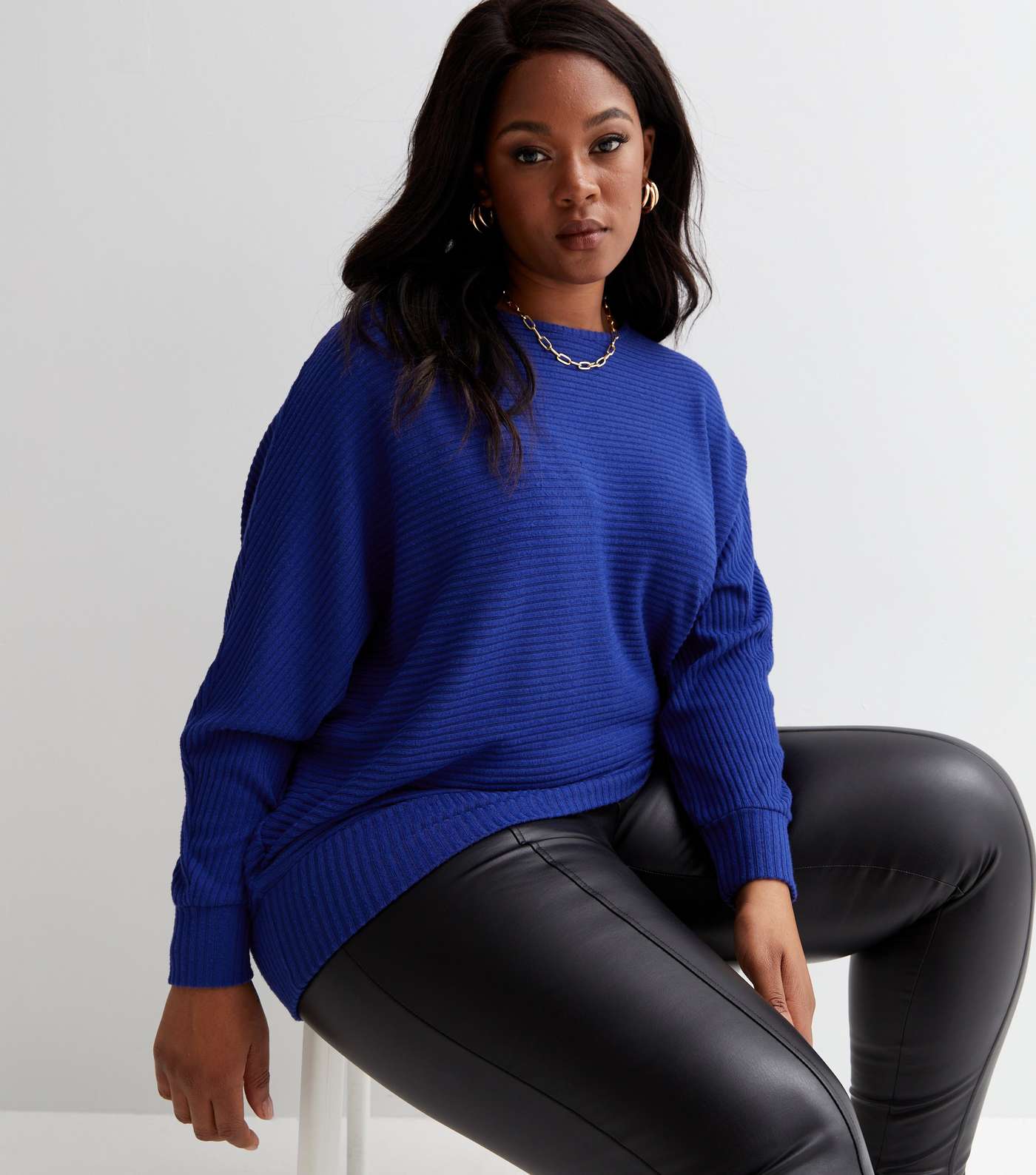 Curves Bright Blue Ribbed Fine Knit Batwing Top Image 3