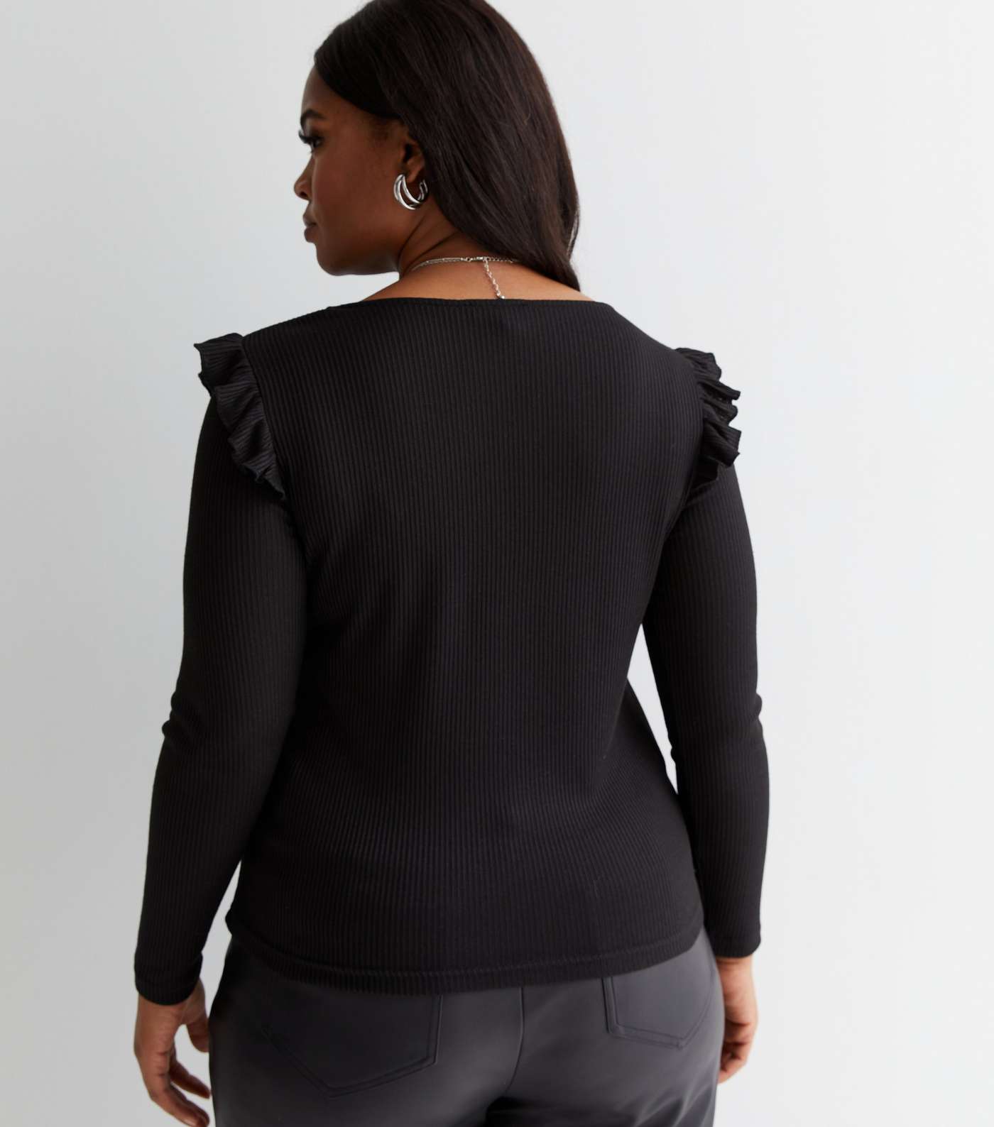 Curves Black Ribbed Knit Frill Long Sleeve Top Image 4