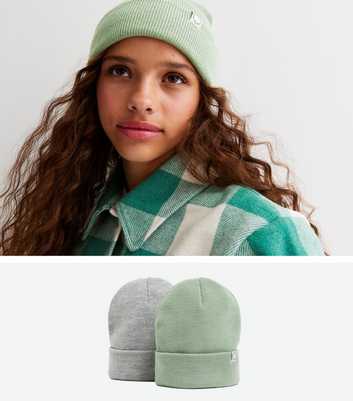 Girls 2 Pack Light Green and Grey Ribbed Knit Beanies